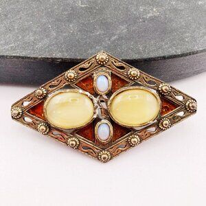 MIRACLE Vintage faux opal, yellow glass stone, and aged etched brass brooch pin